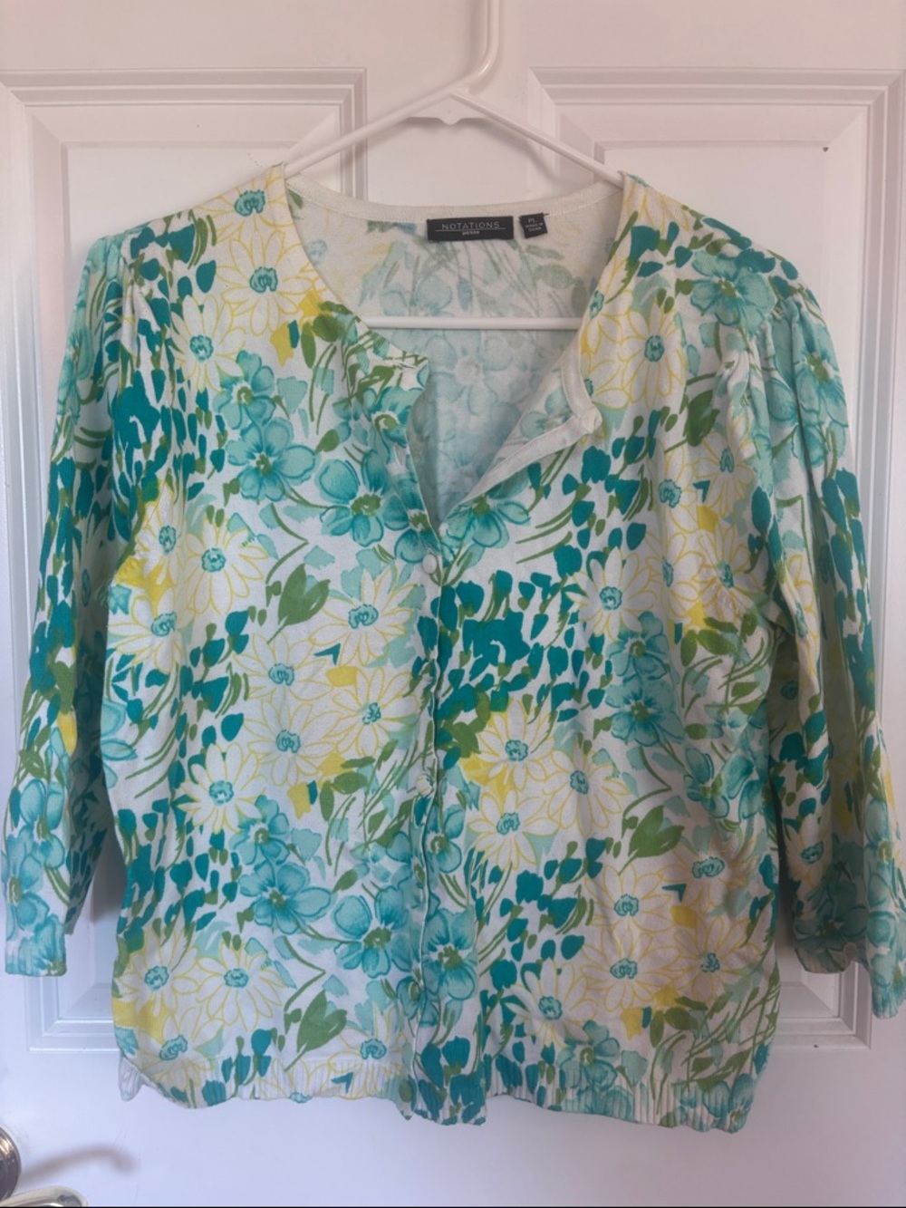 Notations Floral Button-Front Top in Aqua, Teal & Yellow